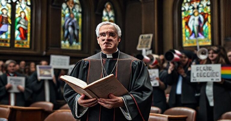 Ojciec katolicki w tradycyjnym stroju kaszubskim stoi w sali wykładowej uniwersytetu, otoczony agresywnymi aktywistami LGBT.