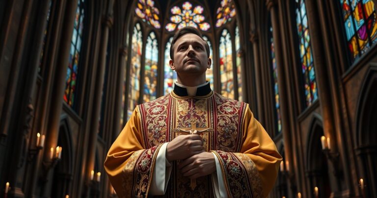 Poważny kapłan katolicki w tradycyjnych szatach w starej, majestatycznej katedrze, trzymający krucyfiks, symbolizujący autentyczną wiarę katolicką