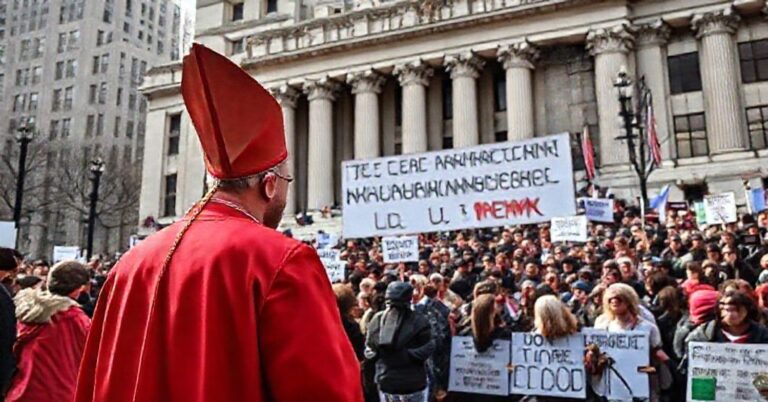 Ksiądz katolicki stoi z protestującą tłumem przed budynkiem rządu Nowego Jorku, symbolizując walkę z moralnym upadkiem miasta.