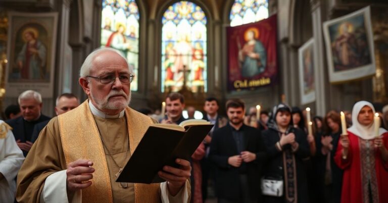 Poważna grupa katolików modląca się w tradycyjnych strojach liturgicznych w katedrze krakowskiej w proteście przeciwko modernistycznej beatyfikacji.