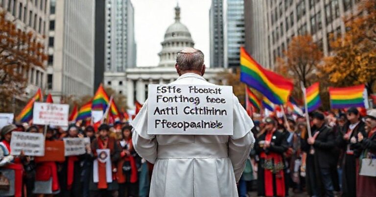 Katolicki ksiądz w tradycyjnych szatach liturgicznych protestuje przed siedzibą Fernwood Publishing z plakatem "Przestań finansować antychrześcijańską propagandę" na tle tłumu demonstranckich socjalistów i LGBT aktywistów.