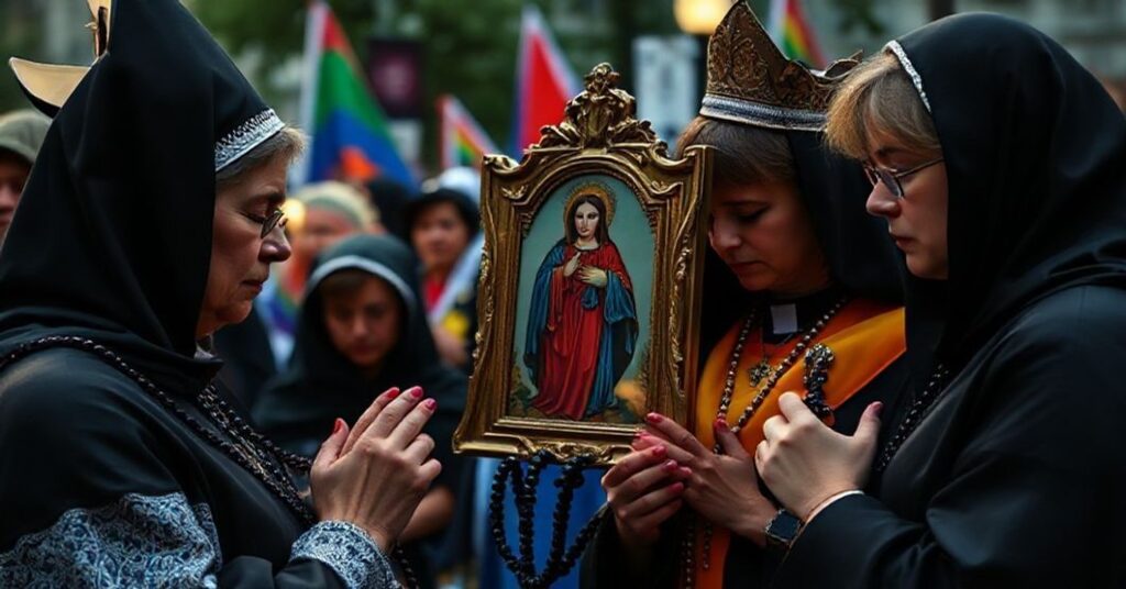 Grupa katolików modląca się różańcem z ikoną Matki Bożej Nieustającej Pomocy podczas parady LGBT.