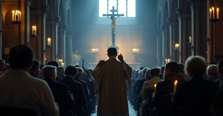Grupa wiernych katolickich modlących się w tradycyjnym kościele podczas nabożeństwa przeciw aborcji