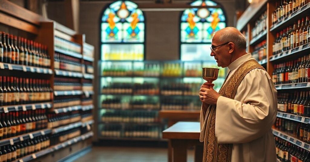 Ksiądz w tradycyjnym stroju liturgicznym stojący przed ołtarzem pod obelgą pijanych butelek w sklepie