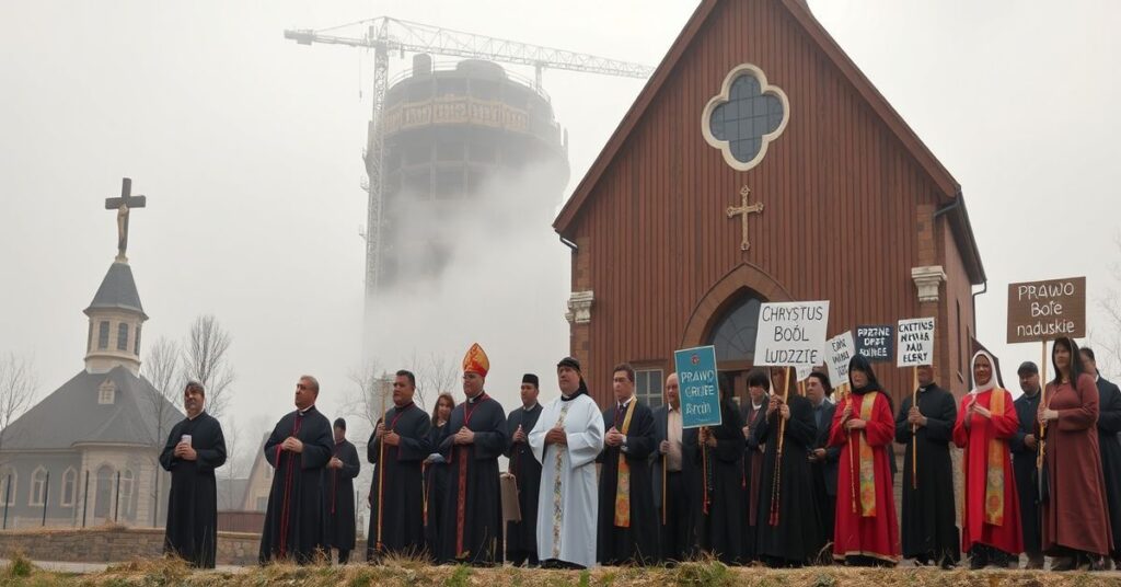 Tradycyjne katolickie zdjęcie przedstawiające konflikt między wolnością gospodarczą a dobrem wspólnym w Toszk, z grupą katolików modlących się przed budynkiem browaru