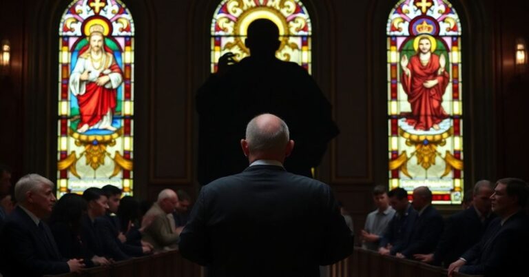 Ksiądz katolicki modli się przed posiedzeniem rady miejskiej w Tennessee, otoczony wiernymi podczas protestu przeciwko hinduistycznym modlitwom.