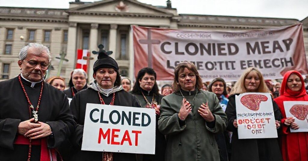 Grupa katolików demonstruje w Kanadzie przeciwko klonowaniu zwierząt na tle budynku rządowego.