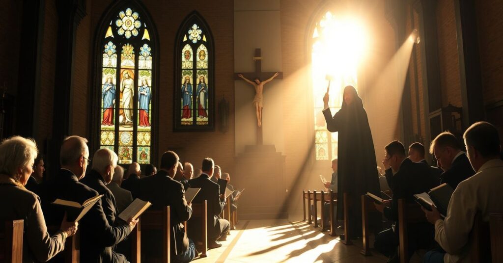 Grupa wiernych katolików modli się w kościele przed krzyżem podczas protestu przeciwko kanadyjskiej ustawie C-9