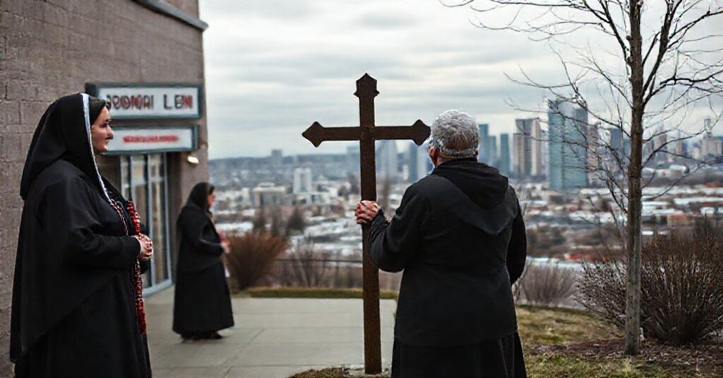 Scena katolicka przedstawiająca działaczkę pro-life przed kliniką aborcyjną w Kanadzie z różańcem i krzyżem na tle miasta