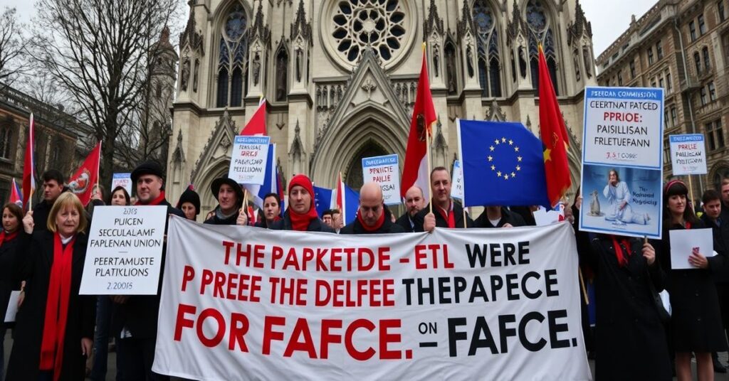 Scena protestu katolickiego w Europie - członkowie PFRO przed katedrą z transparentami przeciw decyzji UE o defundowaniu FAFCE