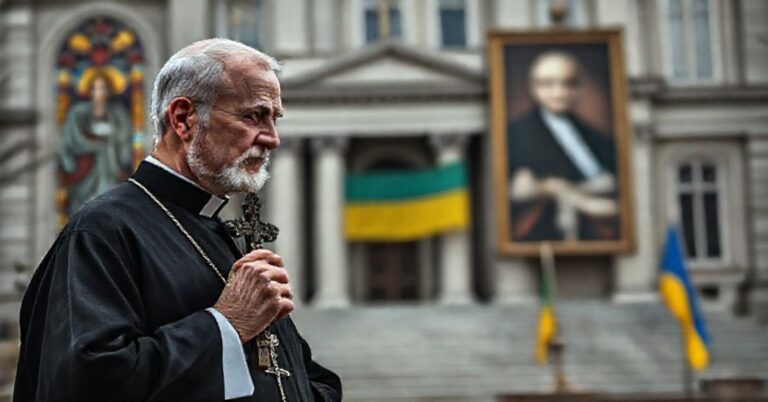 Ksiądz katolicki w tradycyjnym stroju stoi przed ukraińskim budynkiem rządowym z krzyżem, wyrażając smutek i moralny protest przeciwko korupcji w otoczeniu Zełenskiego.