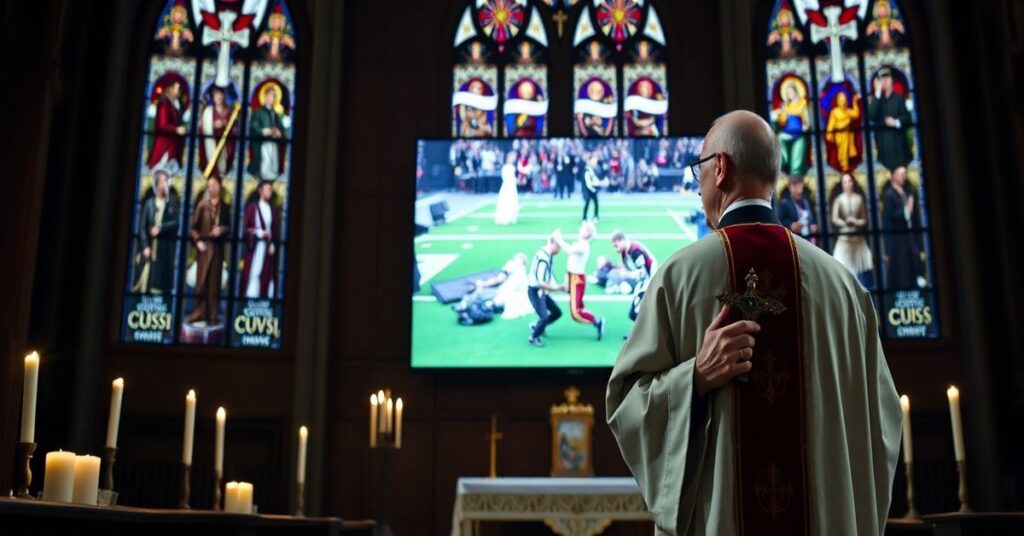 Katolicki ksiądz w tradycyjnych szatach stojący w kościele z wyrażoną niechęcią do wyświetlania Super Bowl z transwestytą i grupą muzyczną.