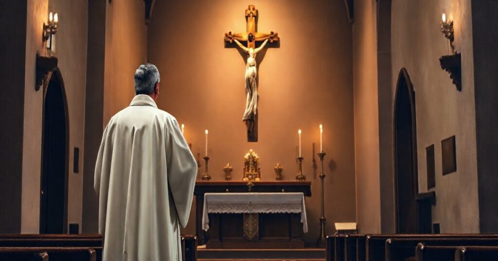 Tradycyjny katolicki kapłan w liturgii, symbolizujący wierność wierze i krytykę modernistycznej hierarchii w kościele