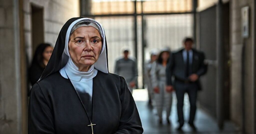 Kobieta w tradycyjnym habitze stoi przed więzieniem kobiet, symbolizując katolicką moralność i obronę godności kobiet