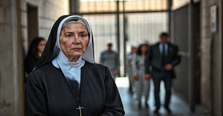 Kobieta w tradycyjnym habitze stoi przed więzieniem kobiet, symbolizując katolicką moralność i obronę godności kobiet