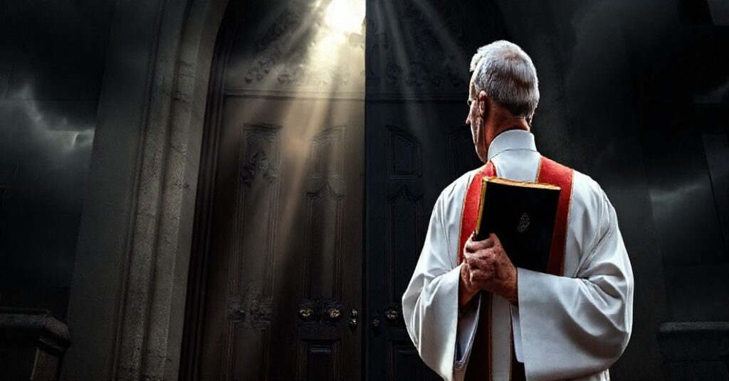 Ksiądz w tradycyjnym stroju kościelnym stoi przed starym kościołem, patrząc na budynek SPLC. Kontrast między świętością a światowymi strukturami podkreśla walkę o wolność religijną.