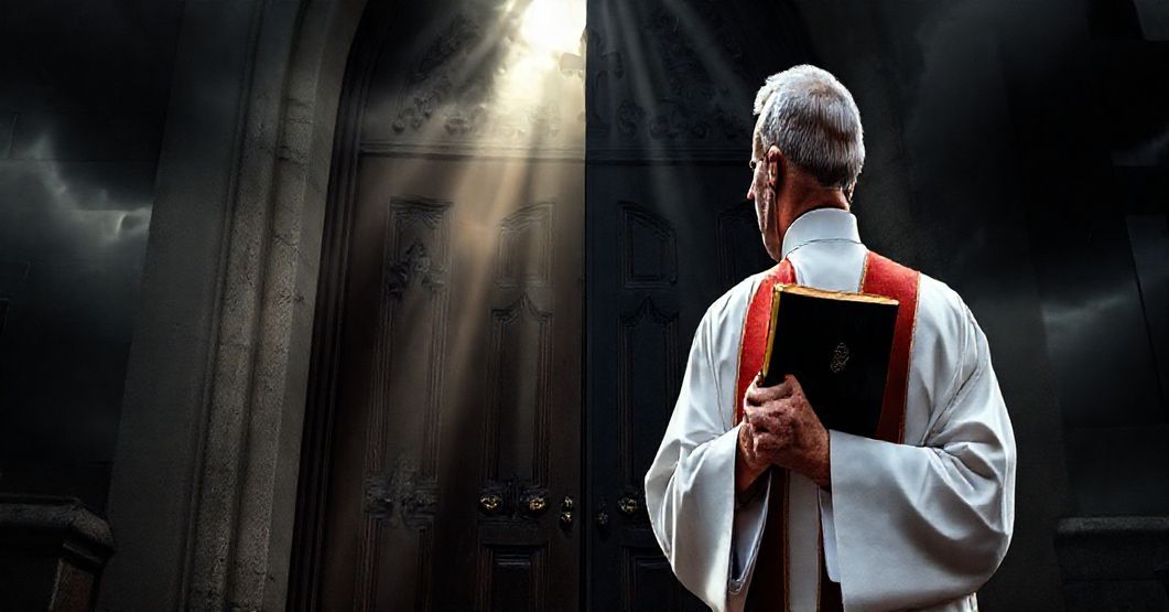 Ksiądz w tradycyjnym stroju kościelnym stoi przed starym kościołem, patrząc na budynek SPLC. Kontrast między świętością a światowymi strukturami podkreśla walkę o wolność religijną.