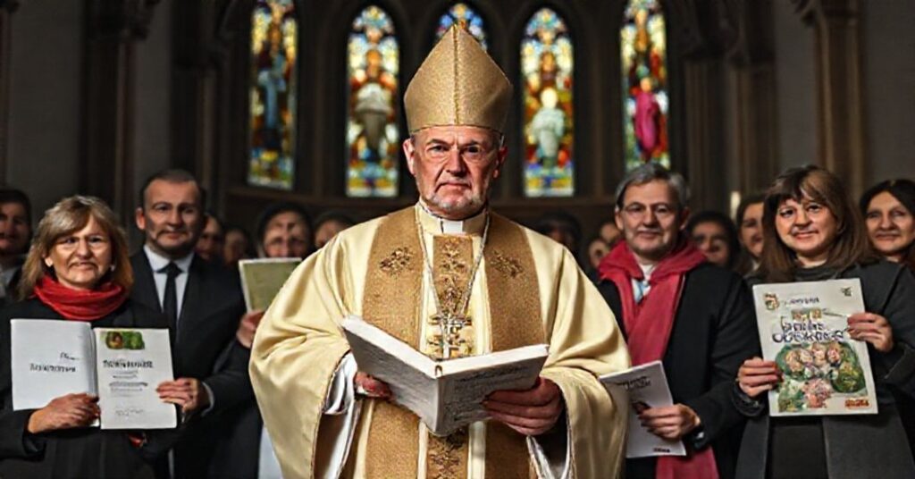 Biskup w tradycyjnych szatach liturgicznych stoi przed grupą nowoczesnych polityków, w tym Szymona Hołowni, trzymających symbole świeckie. Tło przedstawia wnętrze kościoła z witrażami.