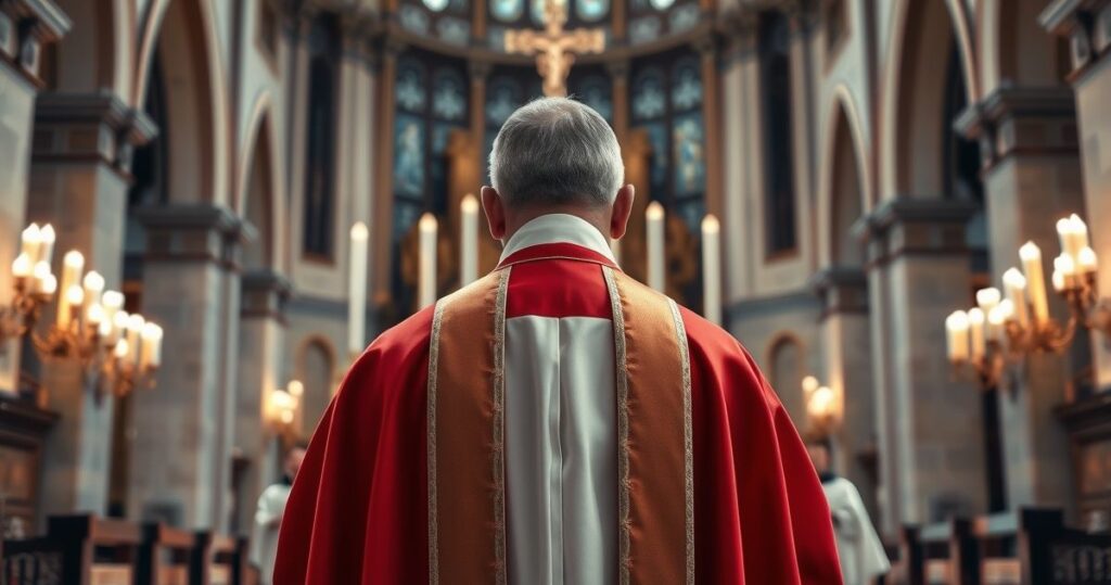 Kapłan katolicki w tradycyjnych szatach przed ołtarzem w katedrze, symbolizujący sprzeciw wobec ustaw aborcyjnych, poważny i pełen szacunku obraz religijnej walki o życie.