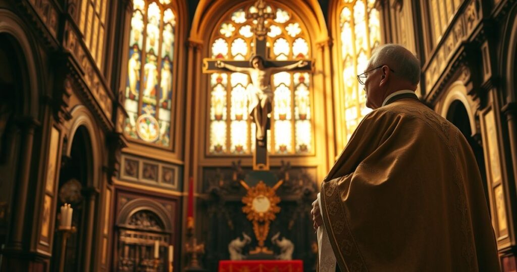 Fotografia realistyczna ukazująca kapłana w tradycyjnym stroju katolickim przed krucyfiksem w kościele, oddająca cześć i pokorę w duchu katolickiej pobożności.