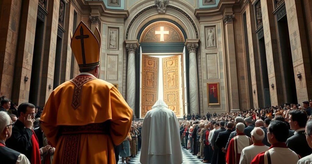 Poważny katolicki kapłan w tradycyjnym stroju przed Watykanem, ostrzegający przed nowoczesnymi zmianami i kryzysem w Kościele.