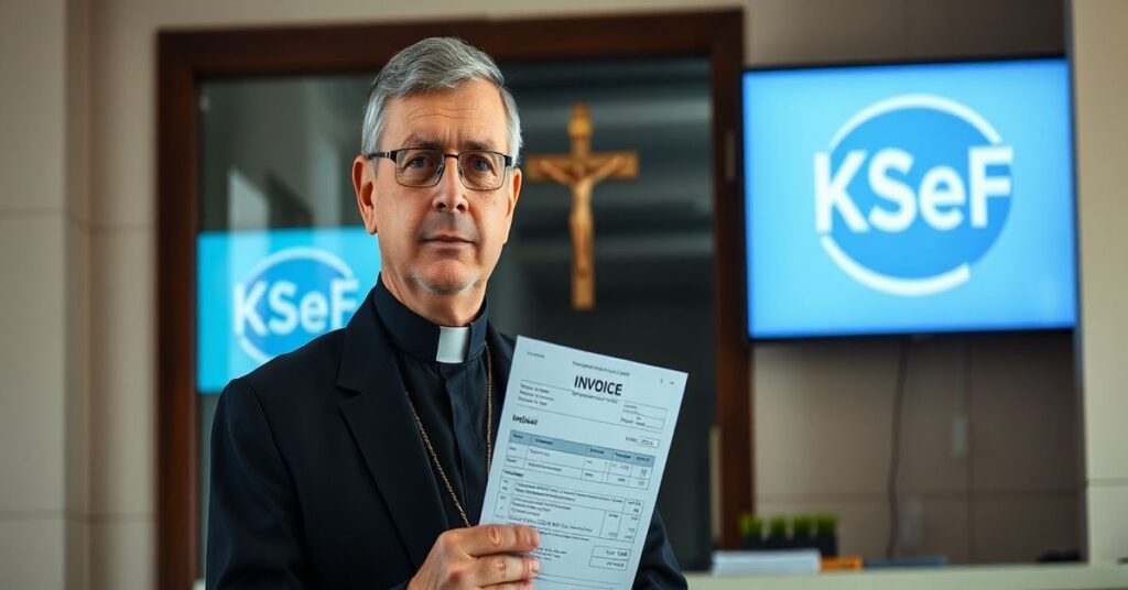 Mężczyzna w tradycyjnym ubraniu katolickim stoi przed urzędem, trzymając odrzuconą fakturę papierową przy ekranie z logo KSeF. Scena jest oświetlona delikatnym światłem naturalnym, podkreślającym dylemat moralny wobec technokratycznej kontroli.