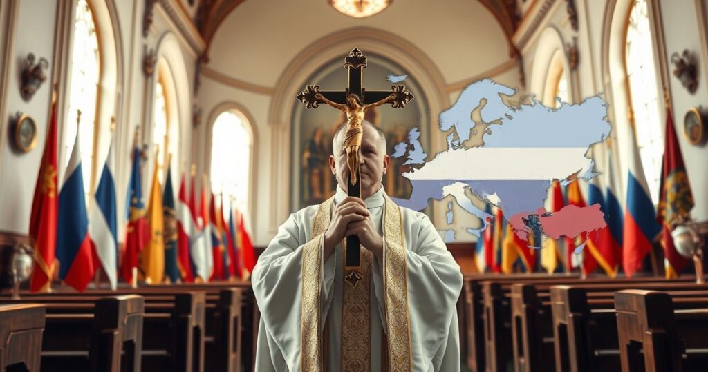 Religijne przedstawienie katolickiego kapłana w świątyni, symbolizujące duchowe przywództwo w kontekście krytyki imperializmu i polityki Rosji wobec Ukrainy, z elementami patriotycznymi i religijnymi.