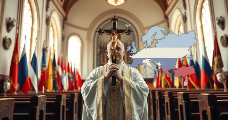 Religijne przedstawienie katolickiego kapłana w świątyni, symbolizujące duchowe przywództwo w kontekście krytyki imperializmu i polityki Rosji wobec Ukrainy, z elementami patriotycznymi i religijnymi.