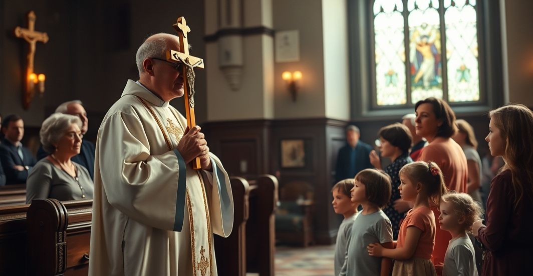 Obraz katolickiego kapłana i rodziców w kontekście kryzysu moralnego w edukacji Klasztor katolicki, kapłan w sutannie z krzyżem, rodzice i dzieci w kościele, refleksja nad kryzysem moralnym i edukacyjnym