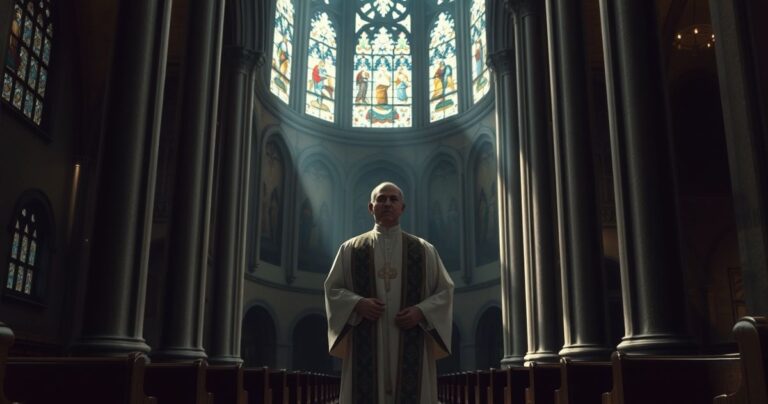 Sanktuarium katolickie z kapłanem w tradycyjnych szatach, symbolizujące moralny kryzys i potrzebę powrotu do Chrystusa Króla