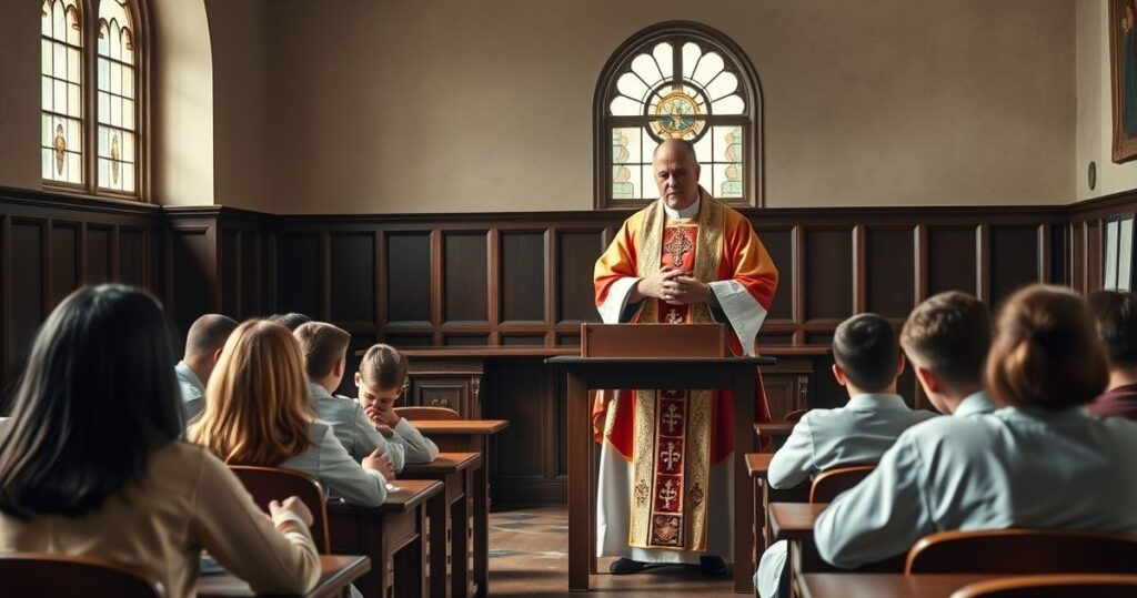 Tradycyjna katolicka aula z kapłanem w liturgicznych szatach, wygłaszającym kazanie o moralności i nauce Kościoła, podkreślającym powagę nauk katolickich w obliczu kontrowersji edukacyjnych