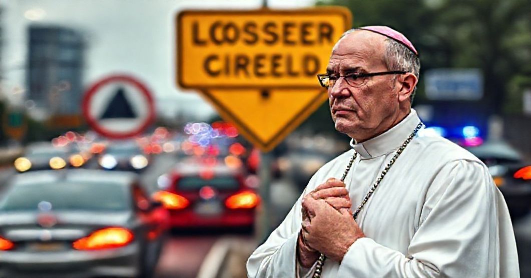 Książę kapłan modli się za zgubione duszę kierowców nieposłusznych przed zanieczyszczoną drogą