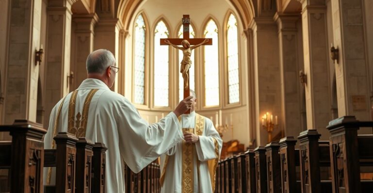 Rewerentny obraz katolickiego kapłana w świątyni, podkreślający autorytet Kościoła i wiarę w czasach kryzysu moralnego