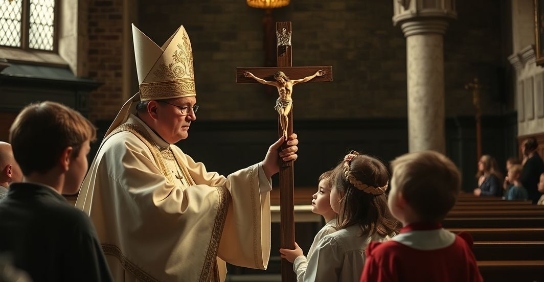 Obraz katolickiego duchownego błogosławiącego dzieci w świątyni Reverentny obraz katolickiego księdza błogosławiącego dzieci w kościele, ukazujący prawdziwą wiarę i duchową powagę