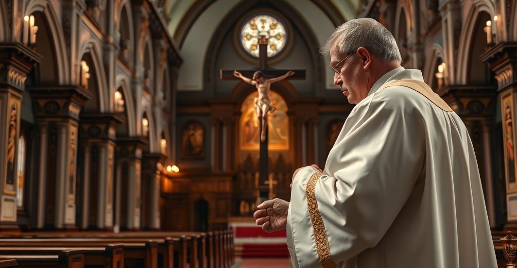 Szczegółowe zdjęcie katolickiego duchownego w świątyni, symbolizujące moralną i duchową prawdę wobec współczesnego relatywizmu