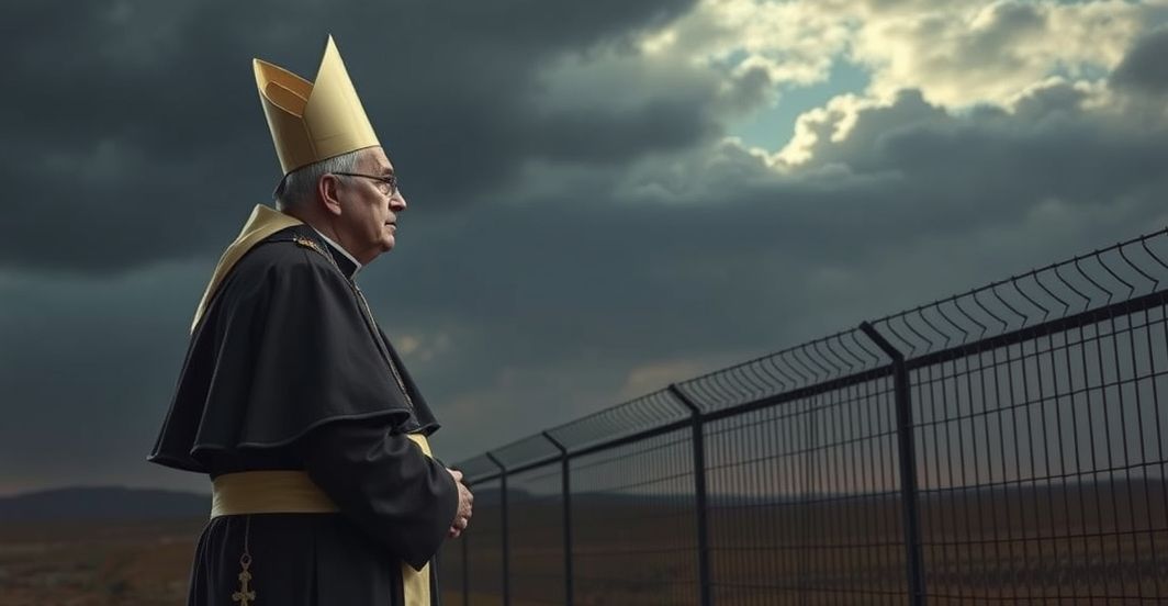 Kardynał w sutannie na granicy, patrzący w niebo, symbolizujący troskę o moralny i duchowy kryzys w Kościele katolickim