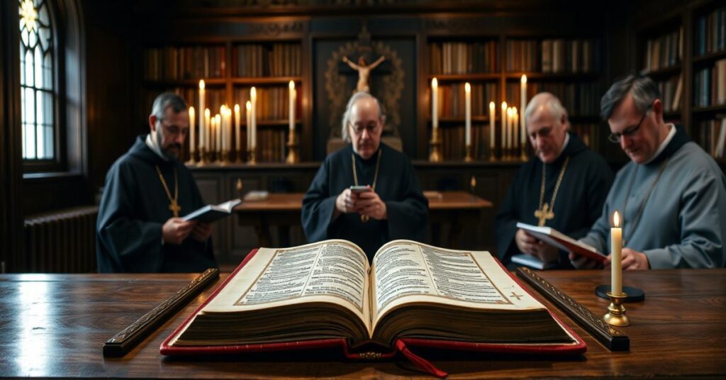 Medievalny rękopis św. Augustyna na katedrze w staromiejskiej bibliotece katolickiej, otoczony nabożnymi uczonymi w sutannach.