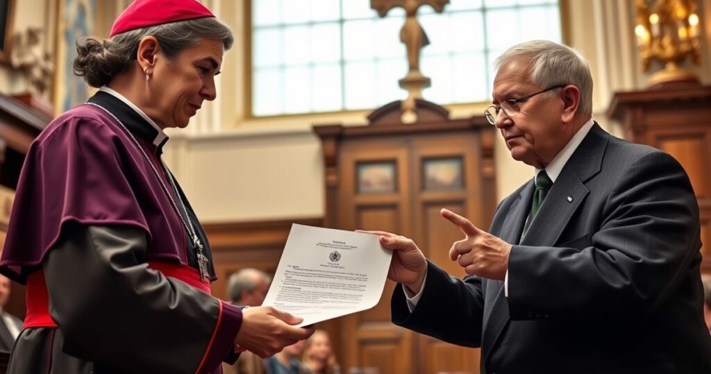 Katolicki rodzic w stroju formalnym przekazuje rezygnację z edukacji zdrowotnej w szkole, symbolizując obronę moralności dzieci