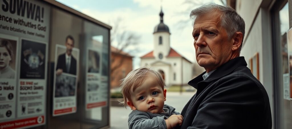 Rodzic katolicyczny z dzieckiem stoi przed modernistycznym centrum naukowym SOWA, na tle starego katolickiego kościoła. Obraz symbolizuje konflikt między świecką edukacją a prawdziwą wychowaniem katolickim.