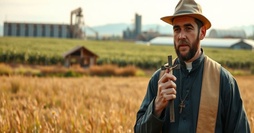 Rolnik katolicki w tradycyjnym stroju trzyma krzyż w polu uprawnym z tłem nowoczesnej farmy przemysłowej.