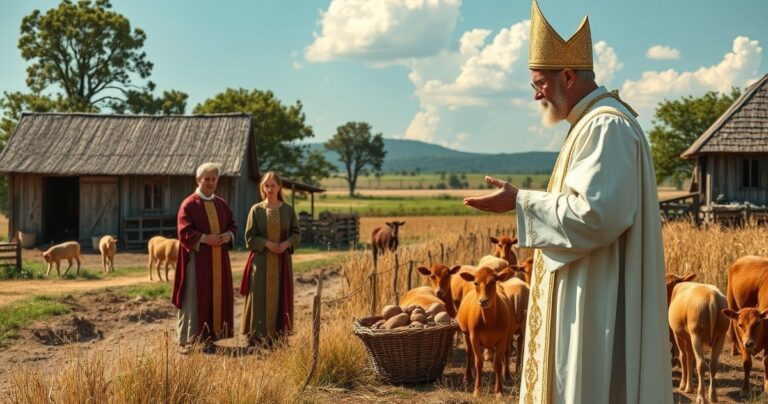 Katolicki obraz przedstawiający rolników i kapłana w tradycyjnych vestmentach, symbolizujący walkę o moralność i wartości w obliczu globalistycznych zagrożeń