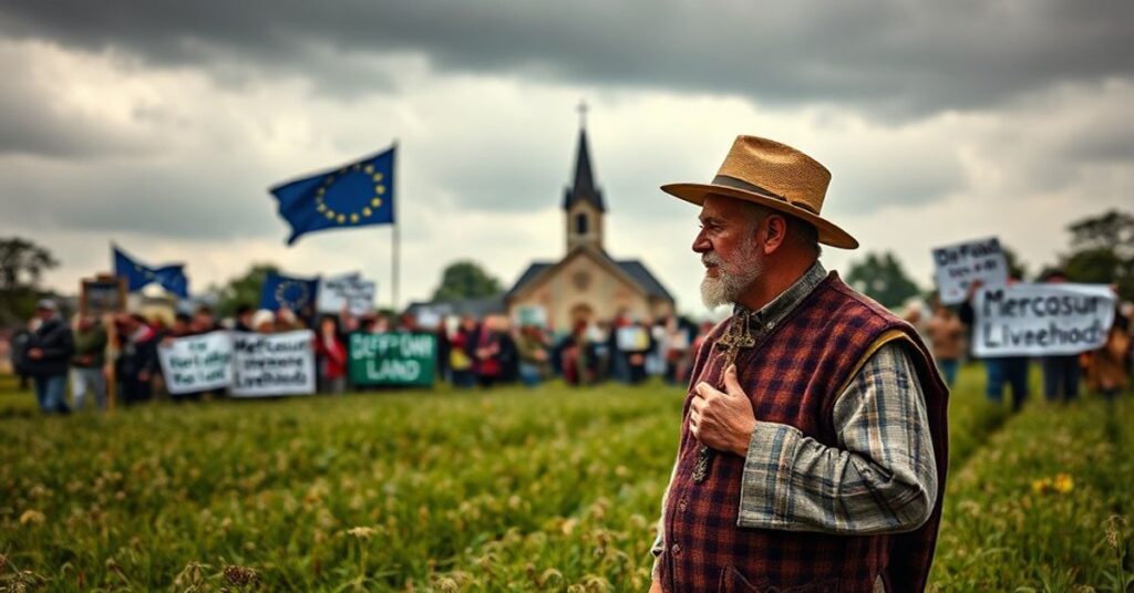 Rolnik w tradycyjnym stroju katolickim trzyma krzyż i patrzy na flagę UE na tle protestu przeciwko umowie Mercosur