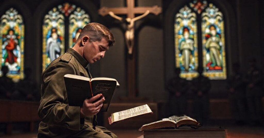 Stojący żołnierz w katolickim stroju wojskowym modli się przed krucyfiksem, trzymając zakazane książki o ideologii gender i "1984" Orwella