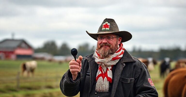 Rolnik katolicki trzymający krzyż na tle kanadyjskich pól pszenicy, symbolizujący walkę o tradycyjne wartości i gospodarstwo rodzinne.
