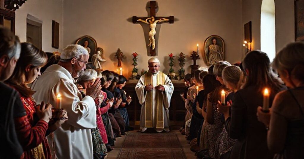 Grupa wiernych modli się różańcową modlitwą w tradycyjnym kościele katolickim