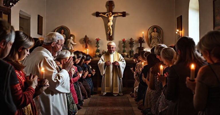 Grupa wiernych modli się różańcową modlitwą w tradycyjnym kościele katolickim