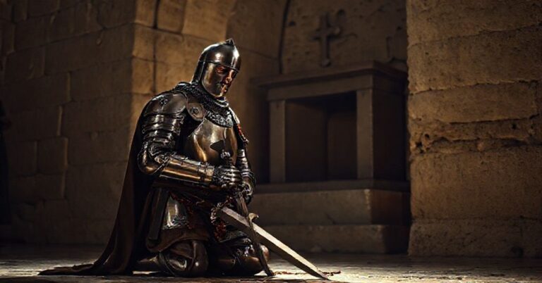 Rycerz katolicki w pełnej zbroi klęczy przed Grobem Bożym w Jerozolimie, trzymając miecz i różaniec, symbolizując prawdziwą misję obrony wiary i pielgrzymów.
