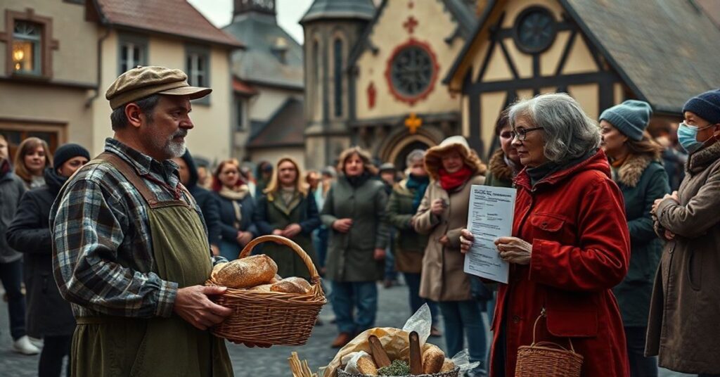 Tradycyjny katolicki widok polskiego rynku z rolnikiem trzymającym koszyk z chlebem i Joanną Senyszyn prezentującą petycję do urzędnika UE na tle starego kościoła.