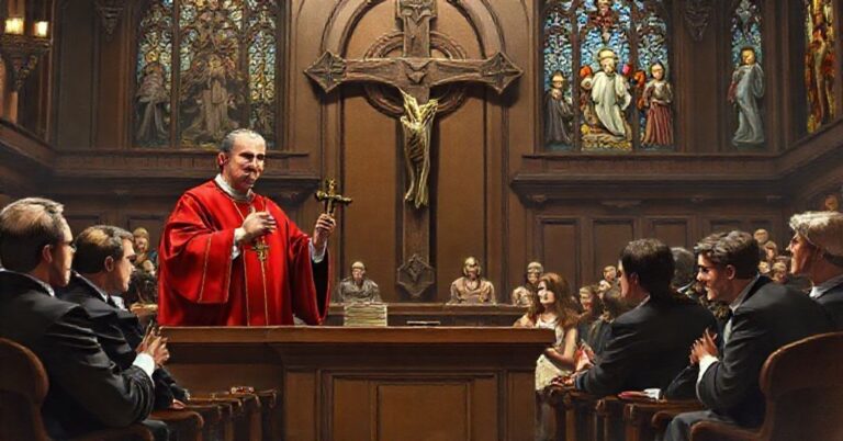 Scena sądowa w tradycyjnym stylu katolickim z sędzią trzymającym krzyż, otoczonym adwokatami i smutnym rodzajem na trybunach.
