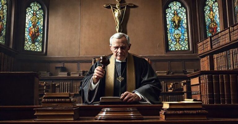 Sądowy wnętrze z tradycyjnymi elementami katolickimi: sędzia w sutannie trzymający młotek sądowy oraz stary tom kodeksu prawnego.